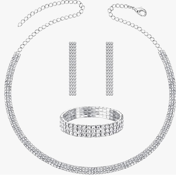 Jewelry - Silver Bridal Jewelry Set Rhinestone Crystal Necklace~ Bracelet~ Dangle Earrings